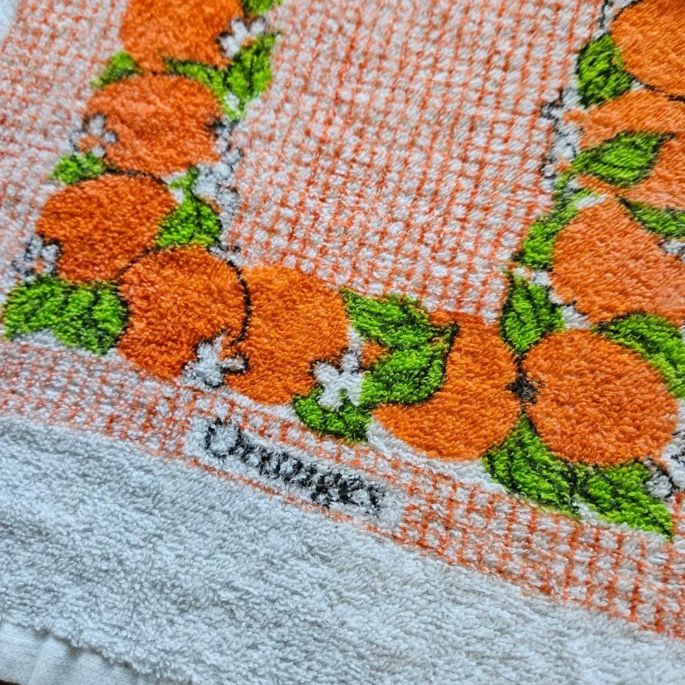 Vtg 70s 80s Orange Fruit Blossom White Cotton Hand Towel Retro Kitchen Bathroom